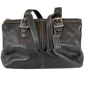 Coach Soho G33-9545 Black Leather Silver Square Double Leather Zipper Tote Bag